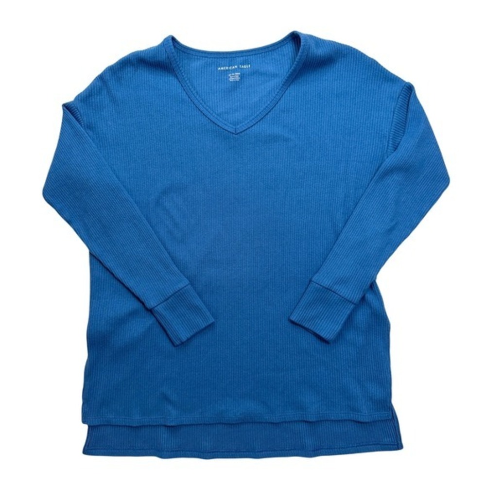American Eagle Ribbed Long Sleeve V-Neck Stretch Knit Top Blue Size‎ XS